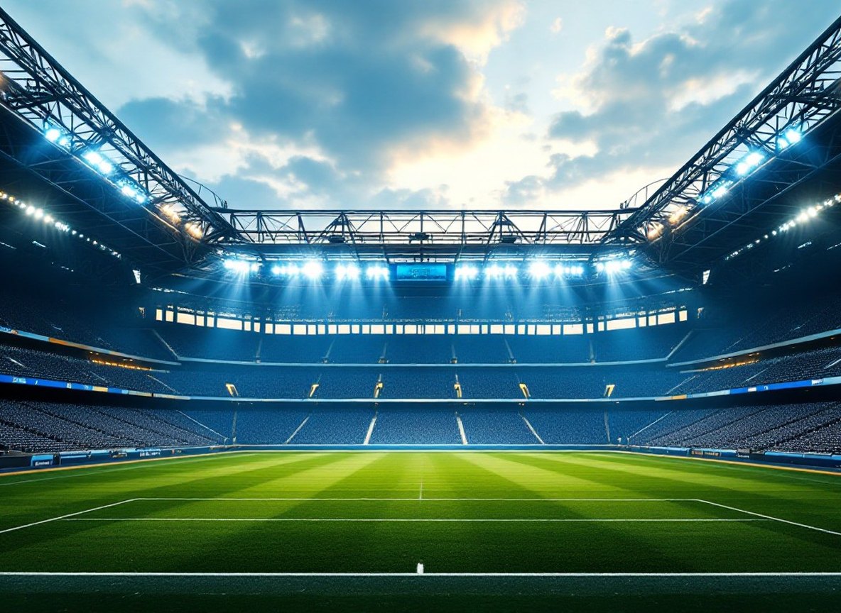 An empty stadium at dusk before a match