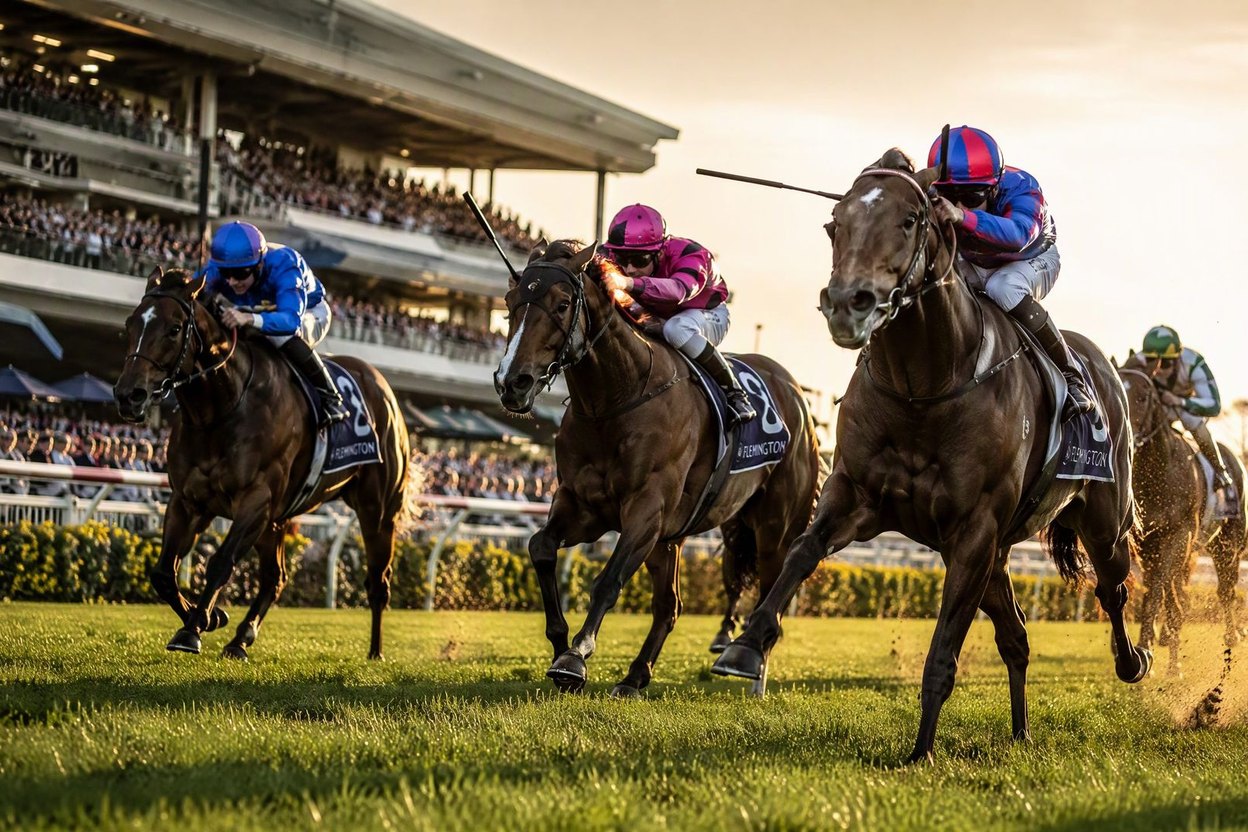 Horses rounding the turn during a race
